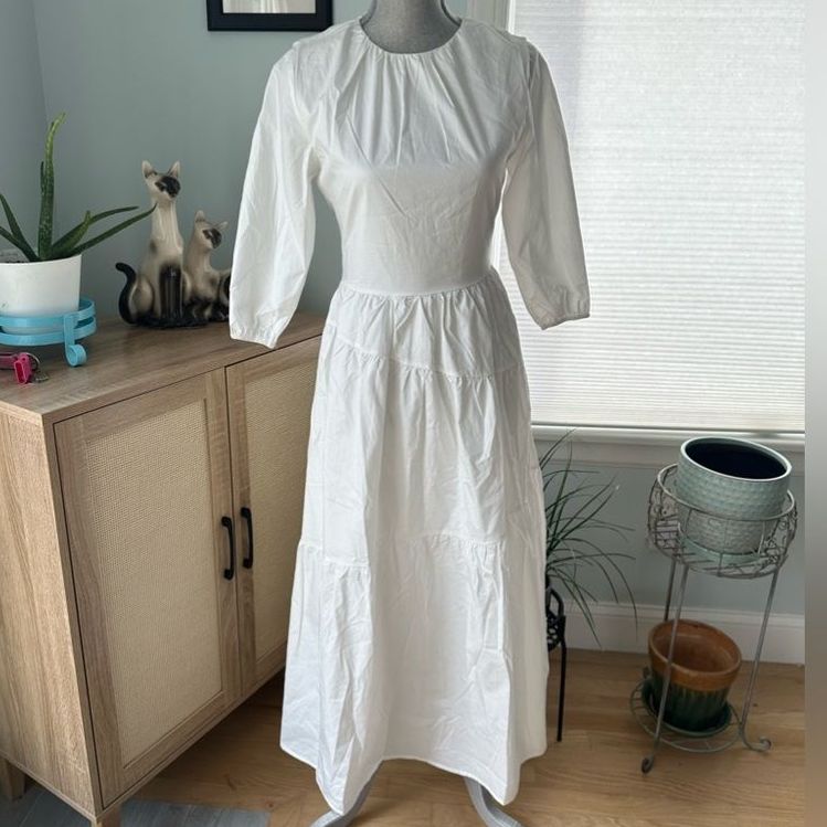 Nwt Monn White Semi Sheer Asymmetric Tiered 3/4 Sleeve Midi Dress Size Xs